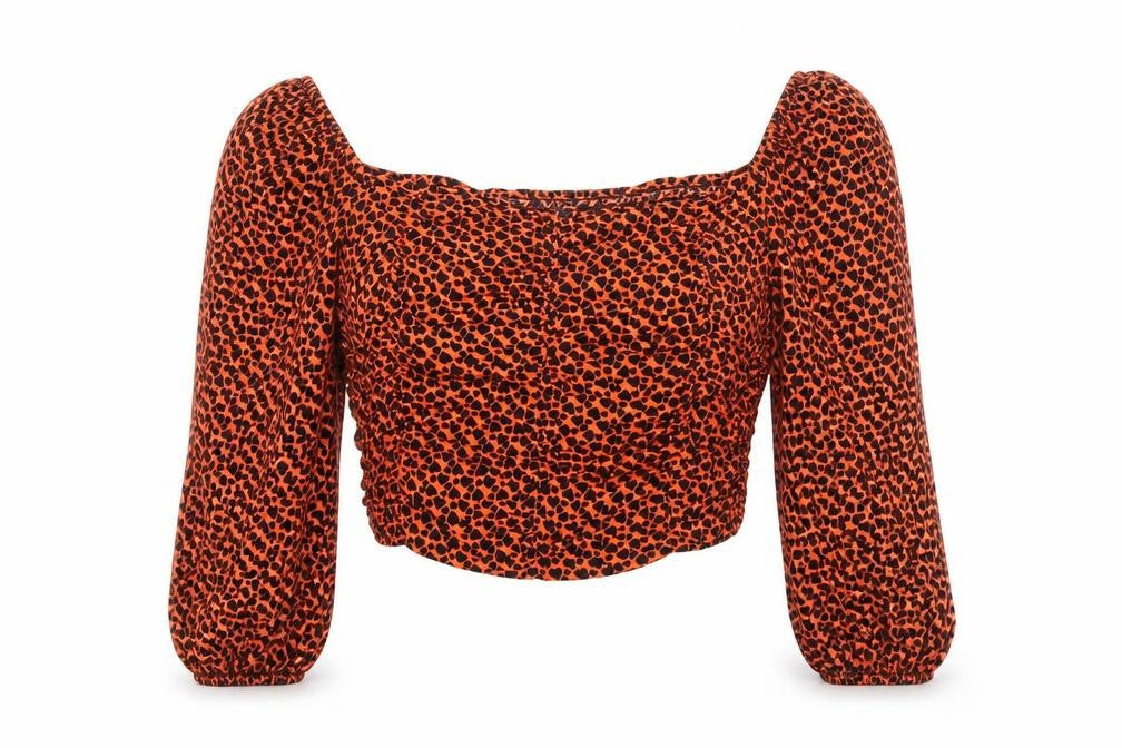 Front view of Topshop women’s orange geometric viscose basic t-shirt, size UK 6, square neck