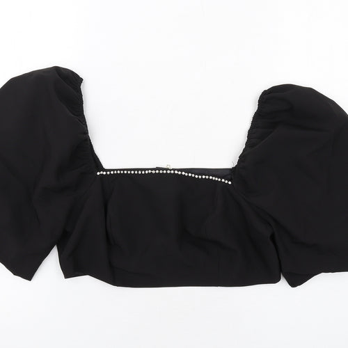 New Look Womens Black Polyester Basic Blouse Size 12 Square Neck - Pearl Trim