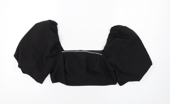 New Look Womens Black Polyester Basic Blouse Size 12 Square Neck - Pearl Trim