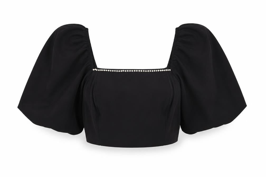 Front view of New Look women’s black polyester basic blouse, size UK 12, square neck - pearl trim