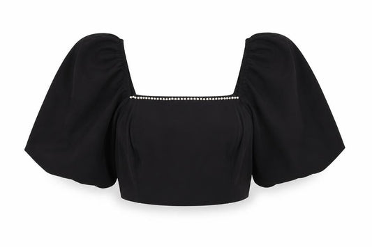 Front view of New Look women’s black polyester basic blouse, size UK 12, square neck - pearl trim