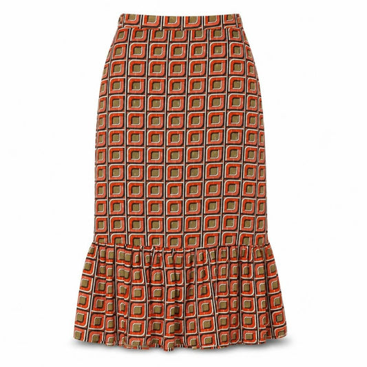Front view of Next women’s multicoloured geometric polyester trumpet skirt, size UK 6