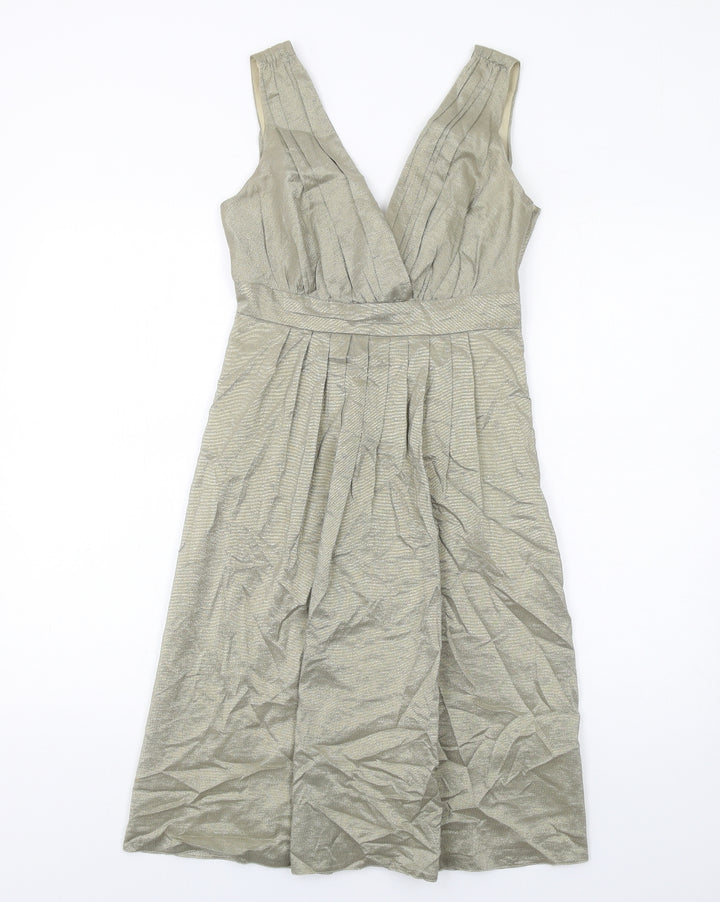 Warehouse Womens Gold Cotton A-Line Size 8 V-Neck Zip