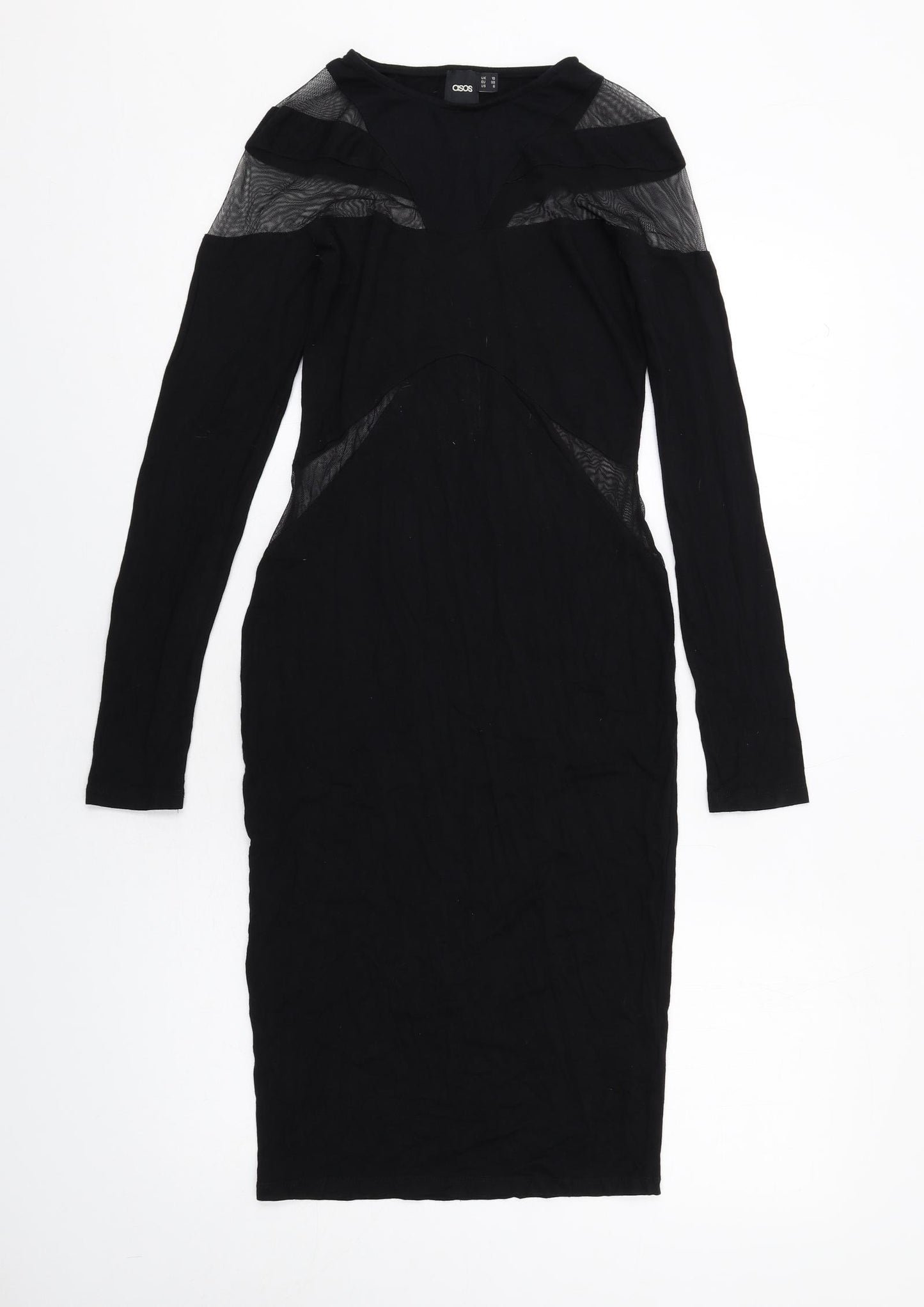 ASOS Womens Black Viscose Bodycon Size 10 Round Neck Pullover - Mesh Inserts