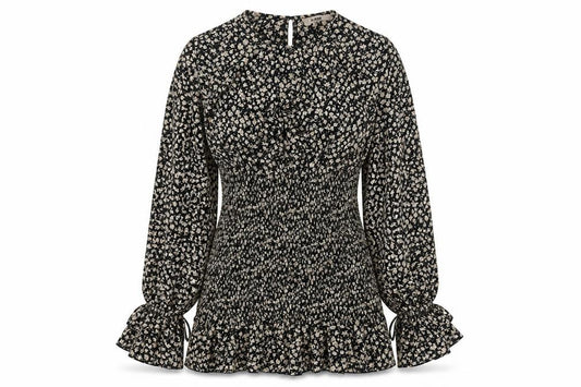 Front view of Misspap women’s black floral polyester bodycon, size UK 12, round neck button