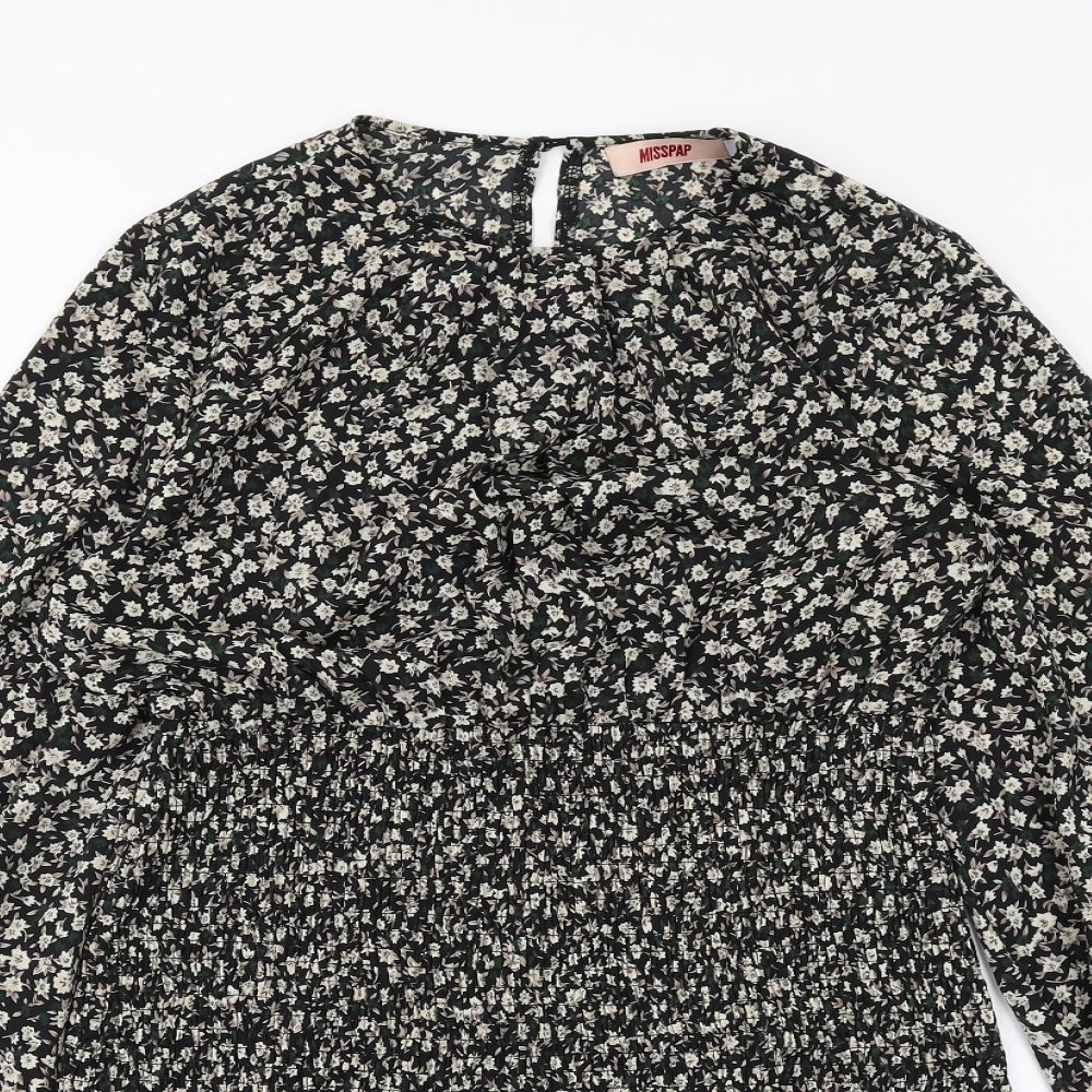 Misspap Womens Black Floral Polyester Bodycon Size 12 Round Neck Button