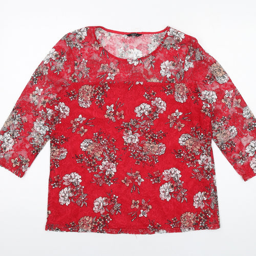 M&Co Womens Red Floral Polyester Basic T-Shirt Size 14 Round Neck