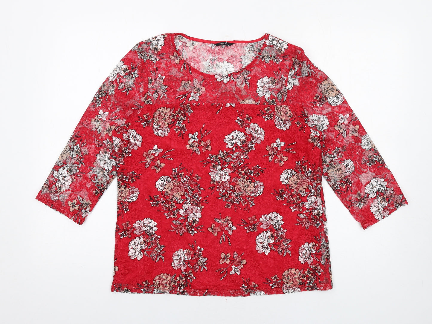 M&Co Womens Red Floral Polyester Basic T-Shirt Size 14 Round Neck