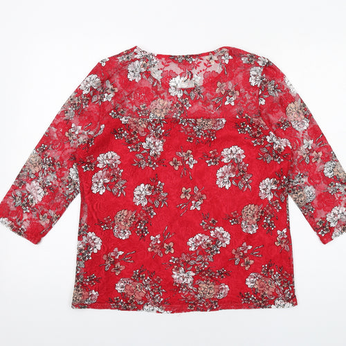 M&Co Womens Red Floral Polyester Basic T-Shirt Size 14 Round Neck