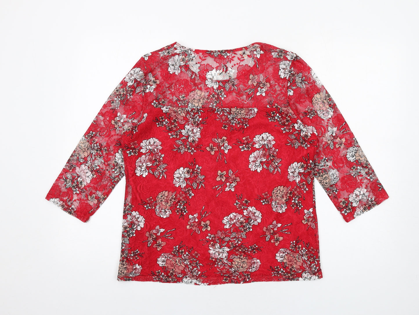 M&Co Womens Red Floral Polyester Basic T-Shirt Size 14 Round Neck