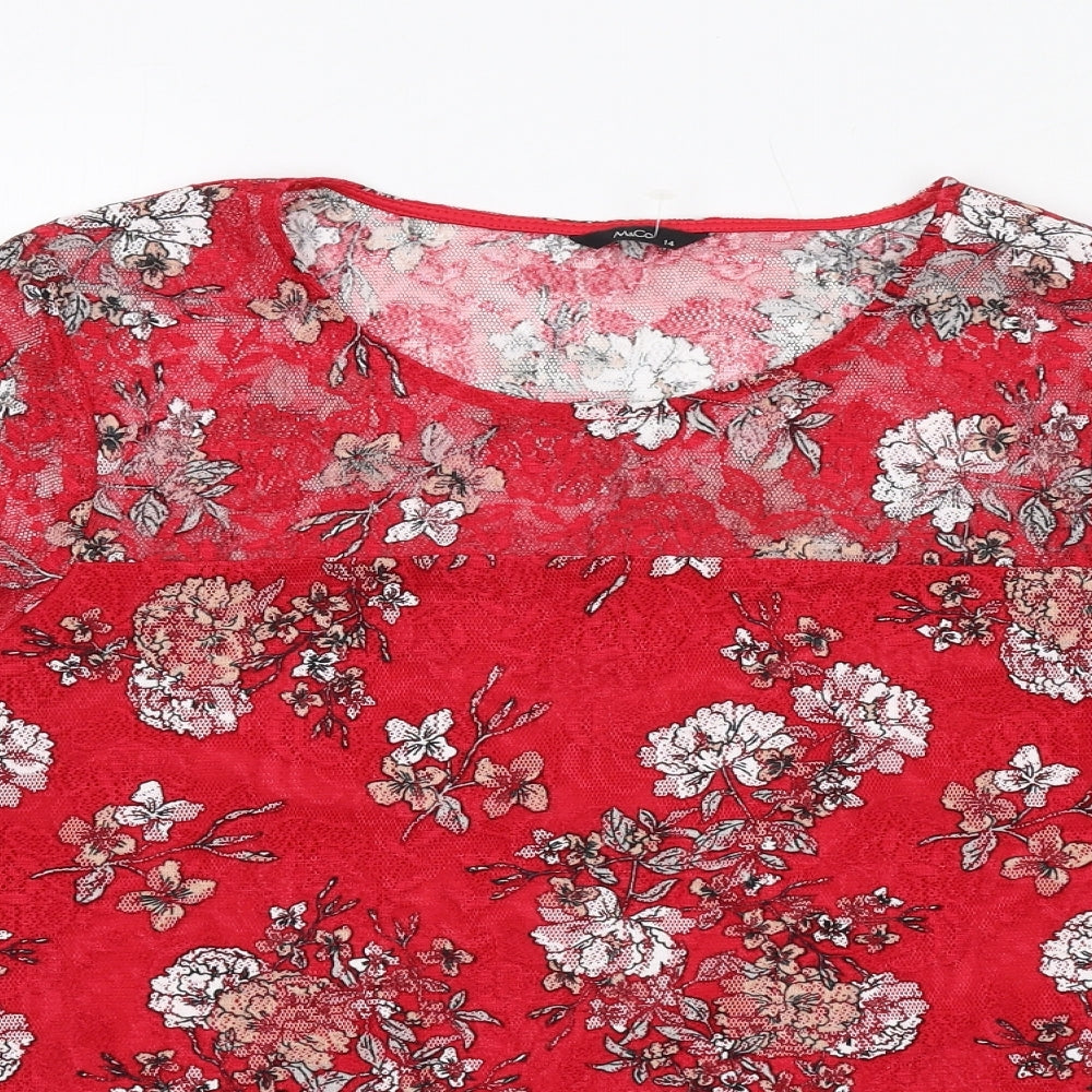 M&Co Womens Red Floral Polyester Basic T-Shirt Size 14 Round Neck