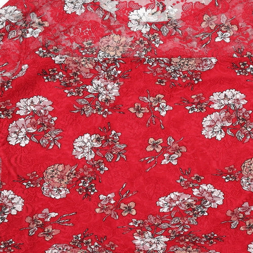M&Co Womens Red Floral Polyester Basic T-Shirt Size 14 Round Neck