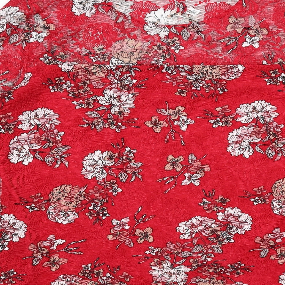 M&Co Womens Red Floral Polyester Basic T-Shirt Size 14 Round Neck