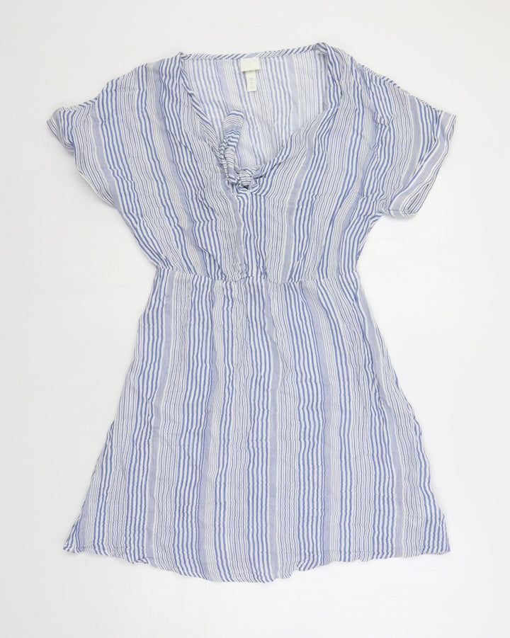 H&M Womens Blue Striped Cotton Mini Size 8 V-Neck