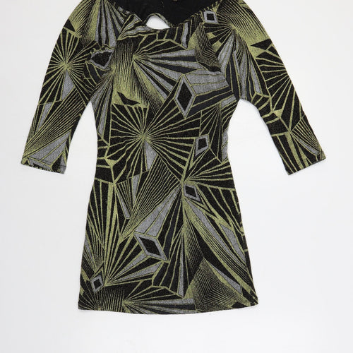 Topshop Womens Black Geometric Polyamide Mini Size 10 Boat Neck Pullover - Cut Out Detail