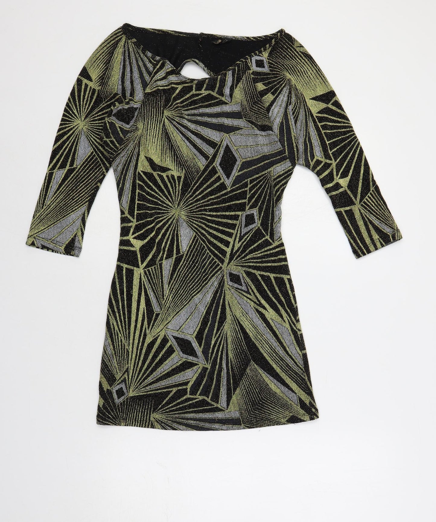 Topshop Womens Black Geometric Polyamide Mini Size 10 Boat Neck Pullover - Cut Out Detail