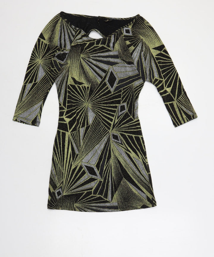 Topshop Womens Black Geometric Polyamide Mini Size 10 Boat Neck Pullover - Cut Out Detail