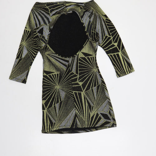 Topshop Womens Black Geometric Polyamide Mini Size 10 Boat Neck Pullover - Cut Out Detail