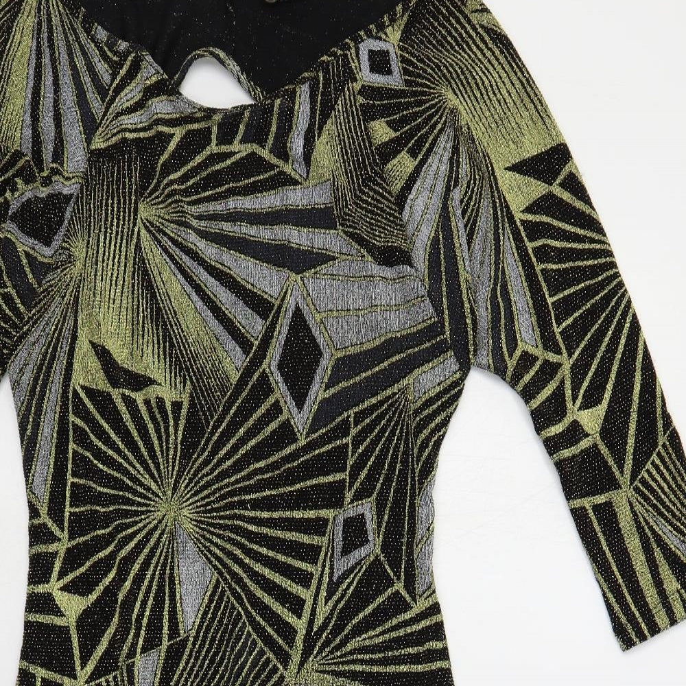 Topshop Womens Black Geometric Polyamide Mini Size 10 Boat Neck Pullover - Cut Out Detail