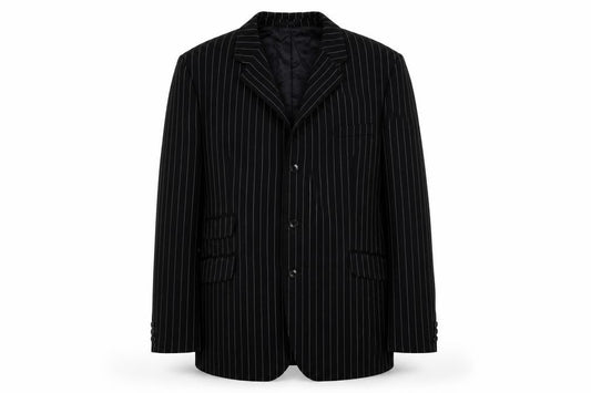 Front view of Horace Barton men’s blue striped polyester jacket blazer, size 46, regular