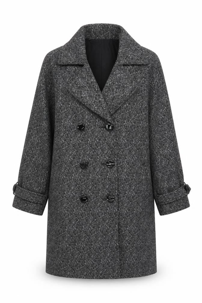 Front view of Laurels women’s grey geometric overcoat coat, size M, button