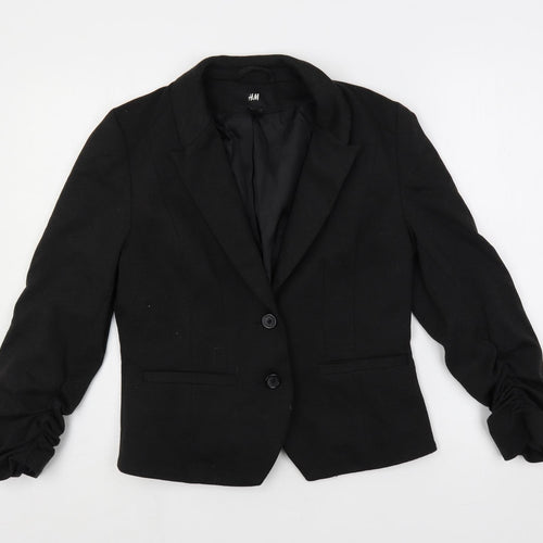 H&M Womens Black Jacket Blazer Size 14 Button - Ruched Sleeves
