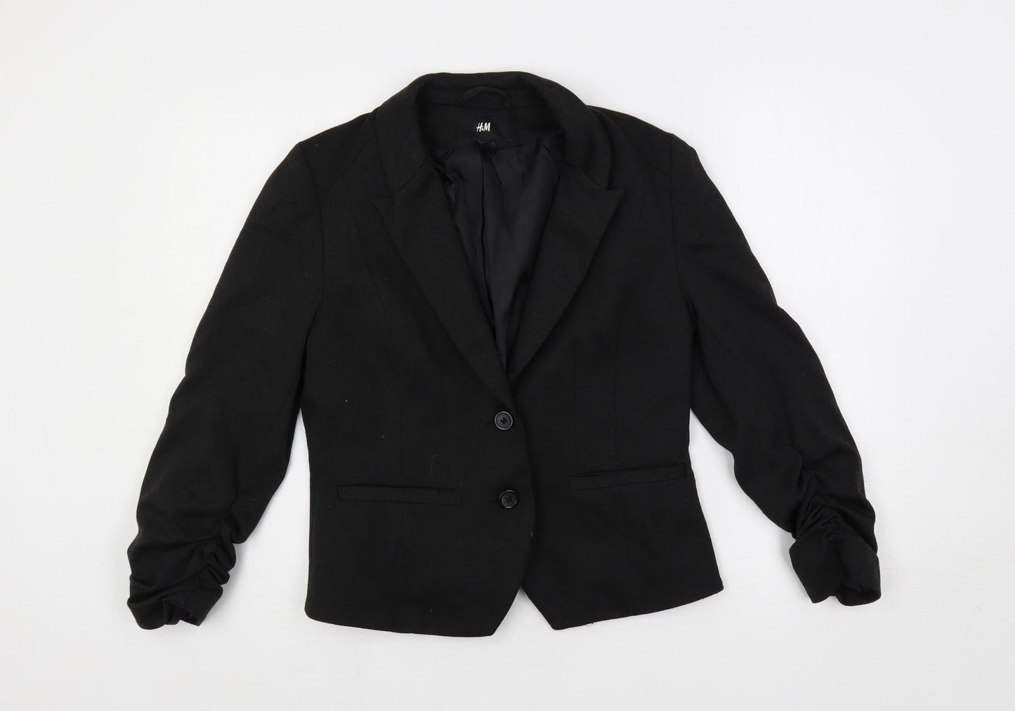 H&M Womens Black Jacket Blazer Size 14 Button - Ruched Sleeves