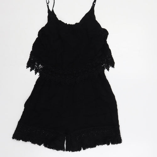 Very Womens Black Viscose Playsuit One-Piece Size 10 Pullover - Crocheted Lace Detail