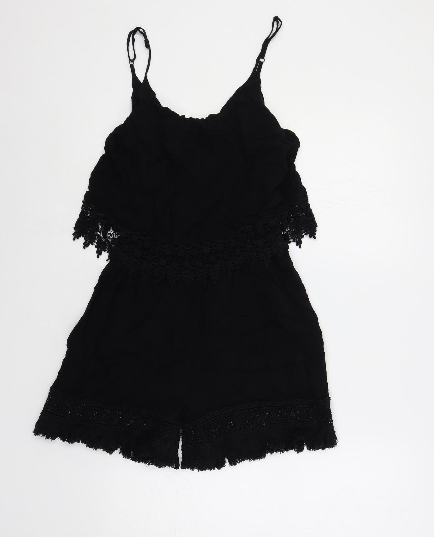 Very Womens Black Viscose Playsuit One-Piece Size 10 Pullover - Crocheted Lace Detail