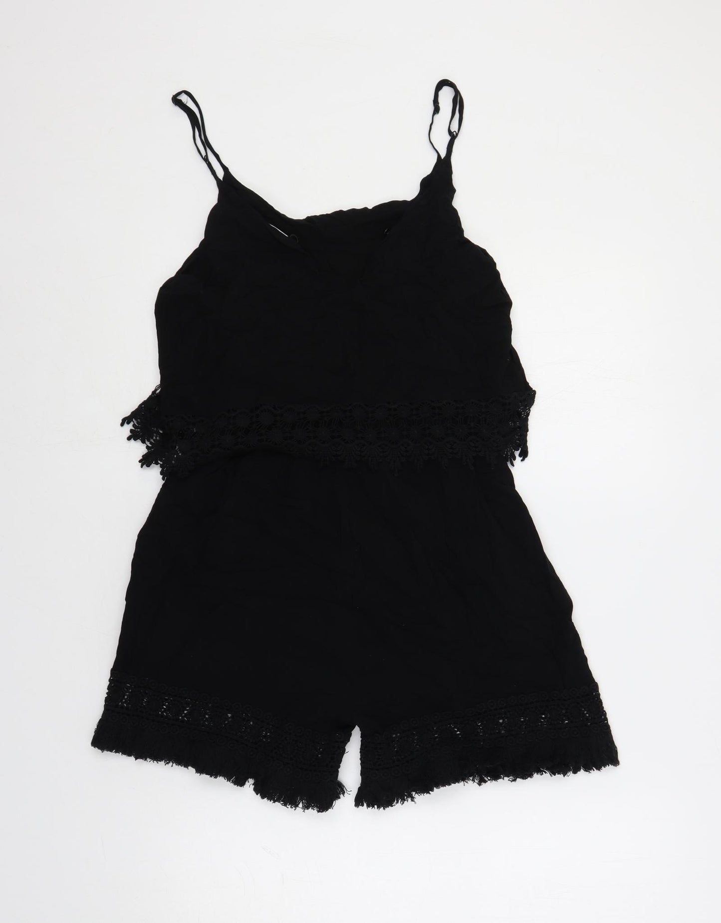 Very Womens Black Viscose Playsuit One-Piece Size 10 Pullover - Crocheted Lace Detail
