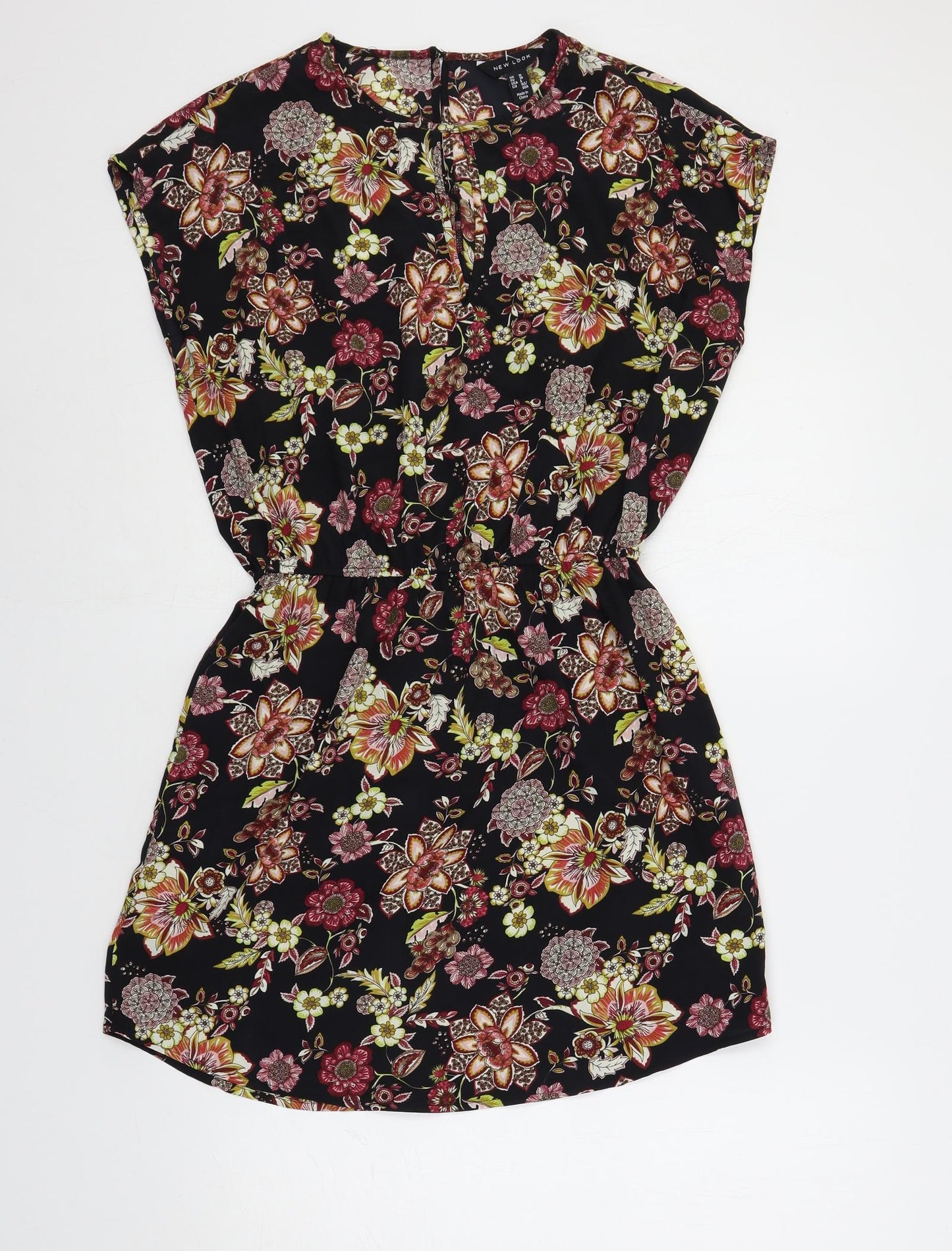 New Look Womens Black Floral Polyester Shift Size 10 Round Neck Button