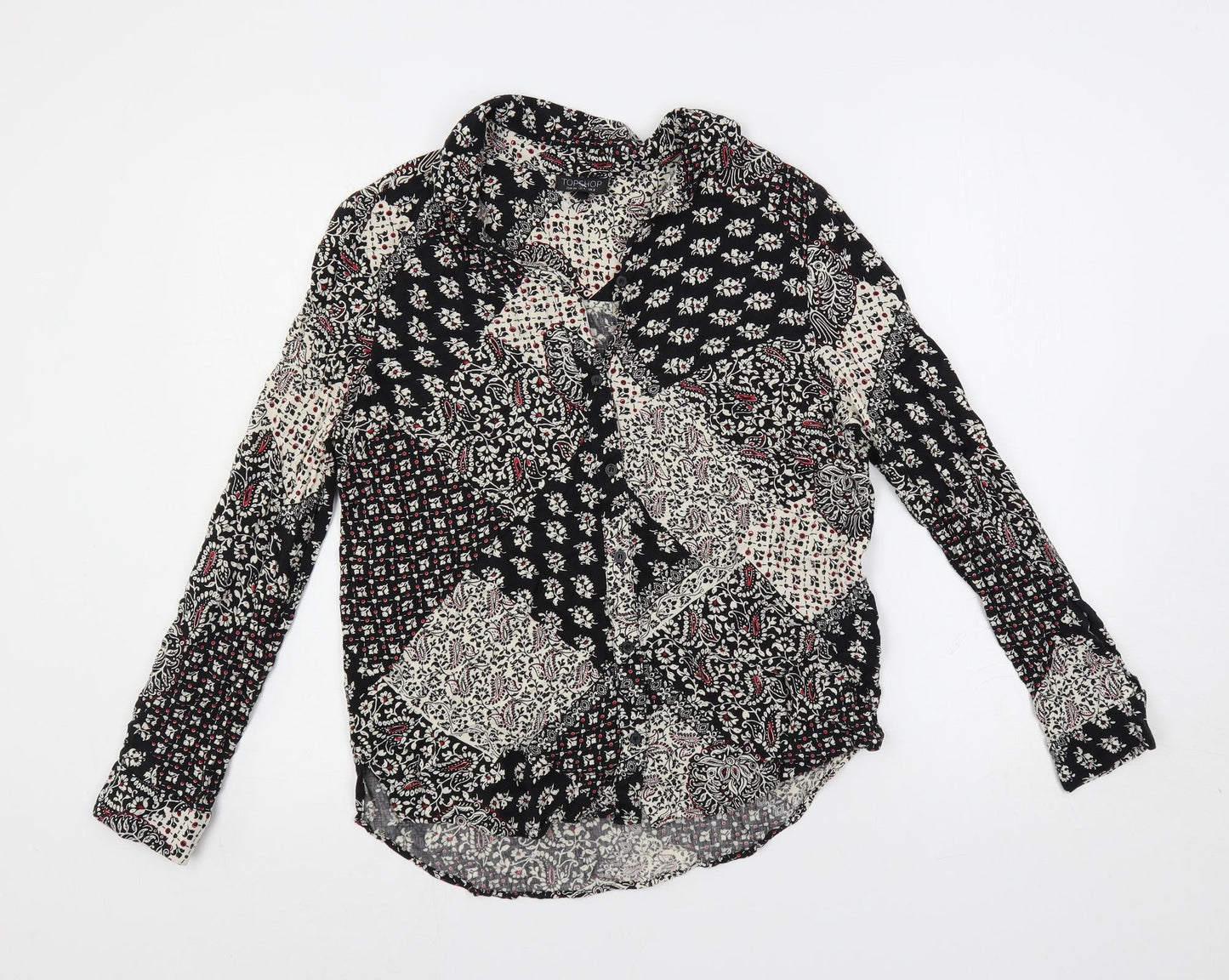 Topshop Womens Black Paisley Viscose Basic Button-Up Size 8 Collared