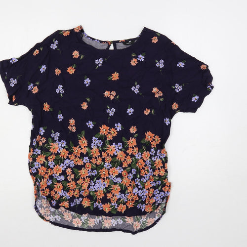 M&Co Womens Blue Floral Viscose Basic Blouse Size 10 Round Neck