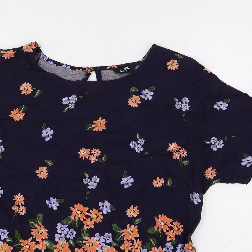 M&Co Womens Blue Floral Viscose Basic Blouse Size 10 Round Neck