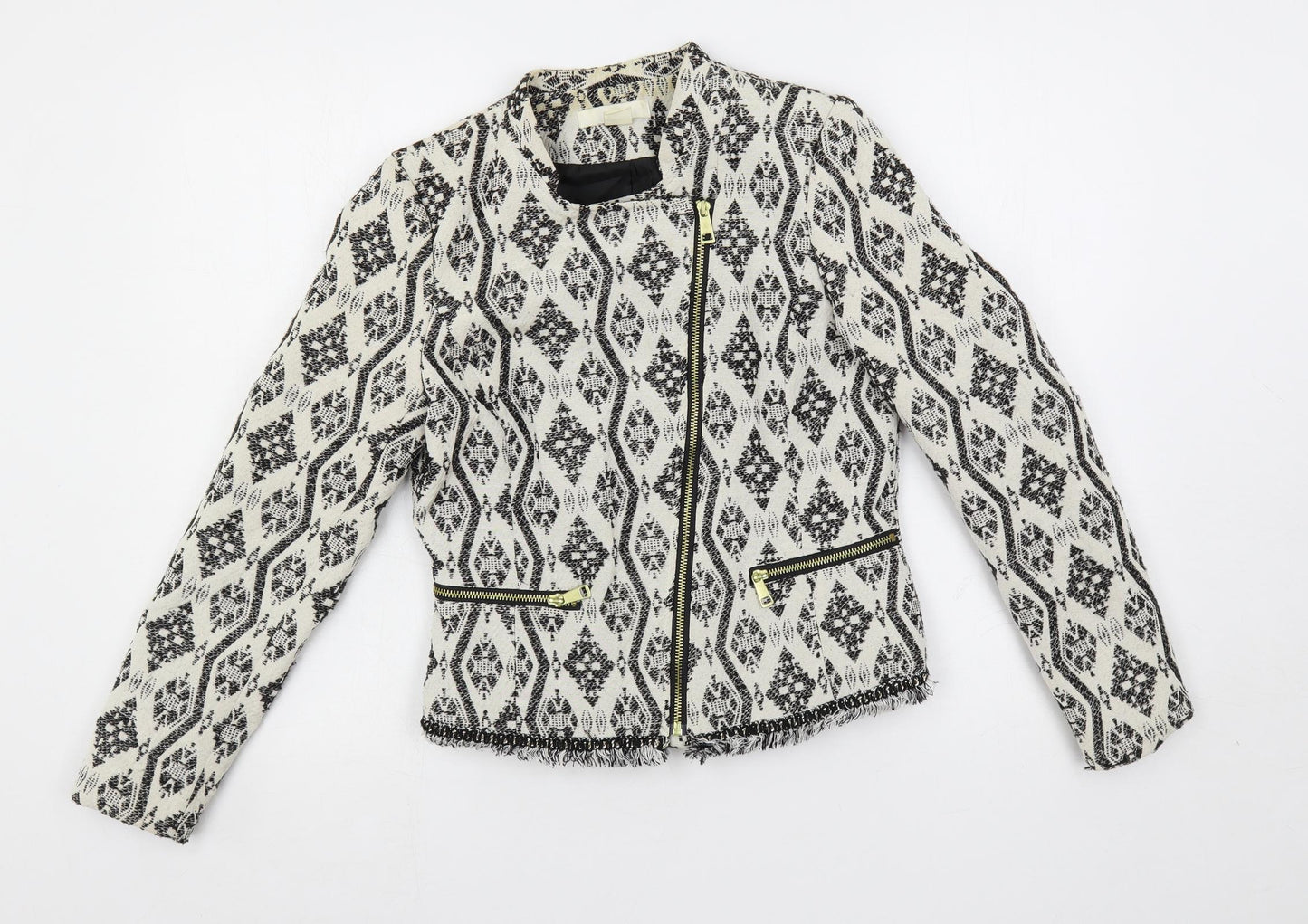H&M Womens White Geometric Jacket Blazer Size 8 Zip