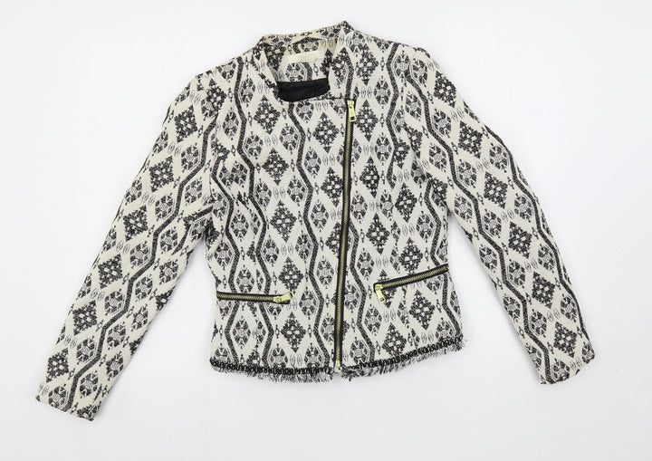 H&M Womens White Geometric Jacket Blazer Size 8 Zip