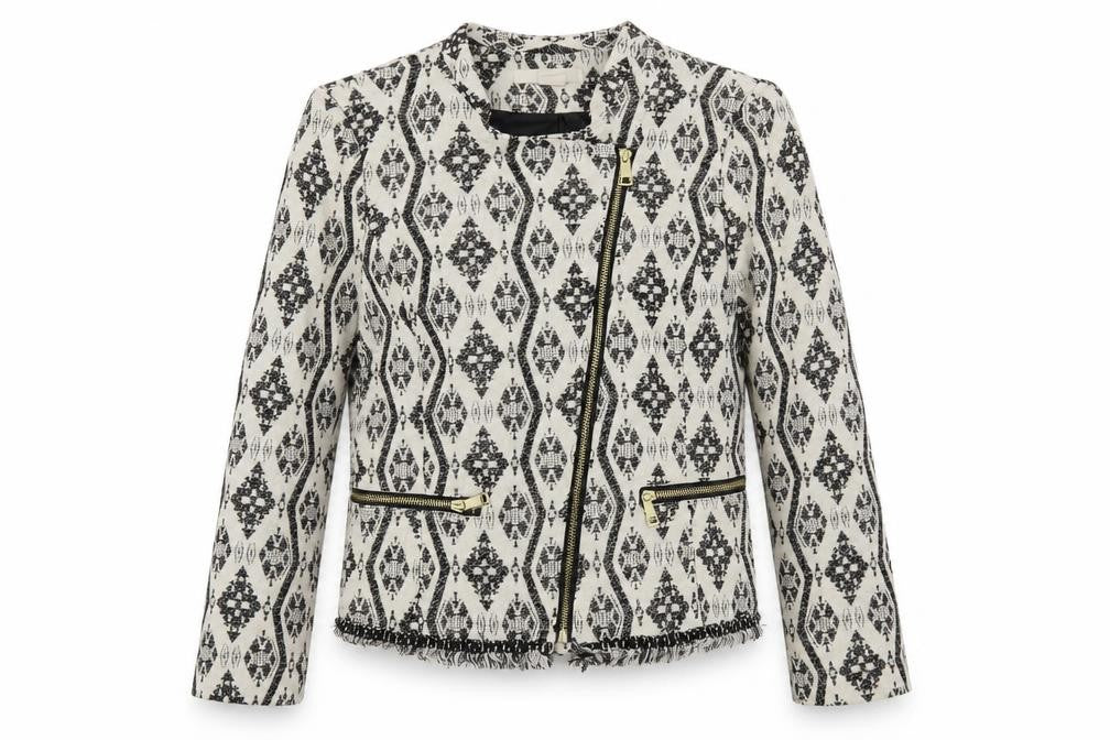 Front view of H&M women’s white geometric jacket blazer, size UK 8, zip