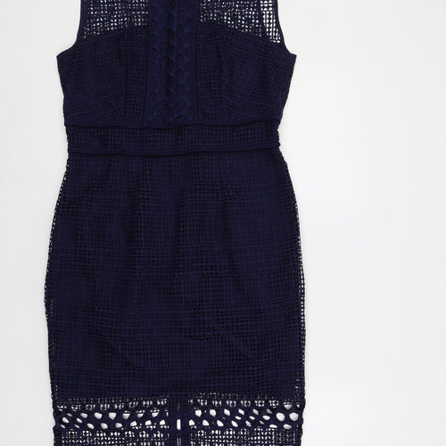 Marks and Spencer Womens Blue Polyester Pencil Dress Size 12 Round Neck Zip - Crochet Overlay