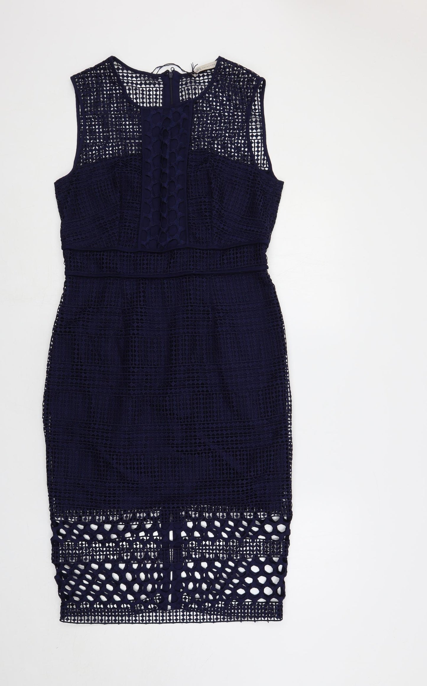 Marks and Spencer Womens Blue Polyester Pencil Dress Size 12 Round Neck Zip - Crochet Overlay