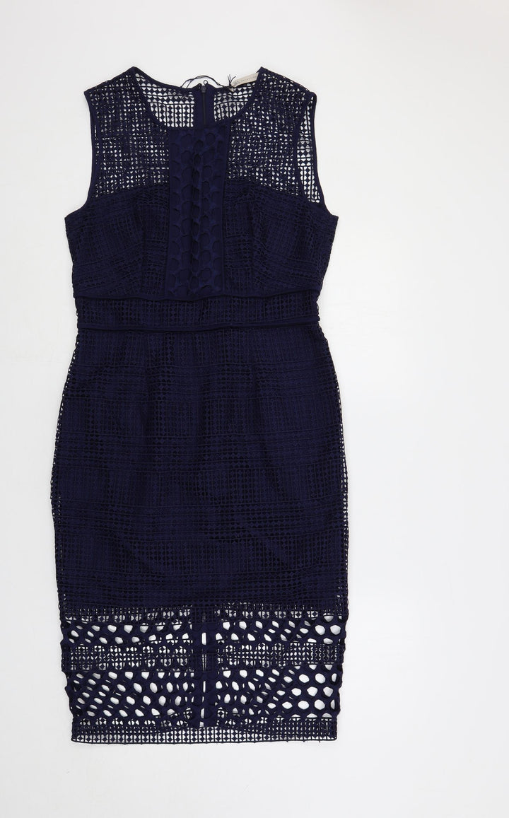 Marks and Spencer Womens Blue Polyester Pencil Dress Size 12 Round Neck Zip - Crochet Overlay