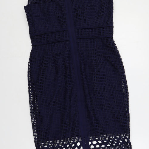 Marks and Spencer Womens Blue Polyester Pencil Dress Size 12 Round Neck Zip - Crochet Overlay