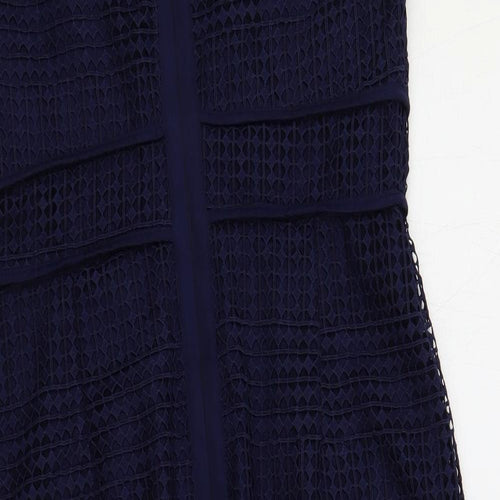 Marks and Spencer Womens Blue Polyester Pencil Dress Size 12 Round Neck Zip - Crochet Overlay