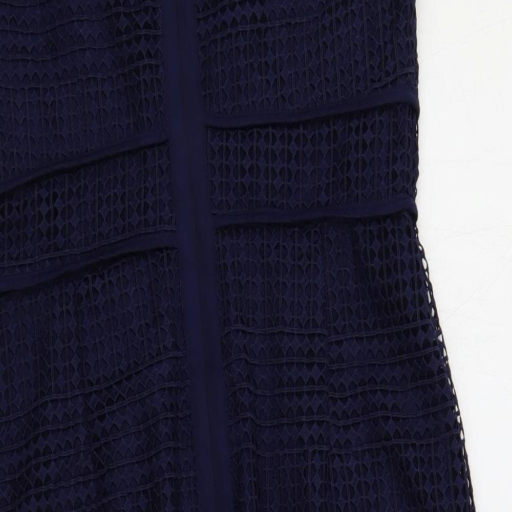 Marks and Spencer Womens Blue Polyester Pencil Dress Size 12 Round Neck Zip - Crochet Overlay
