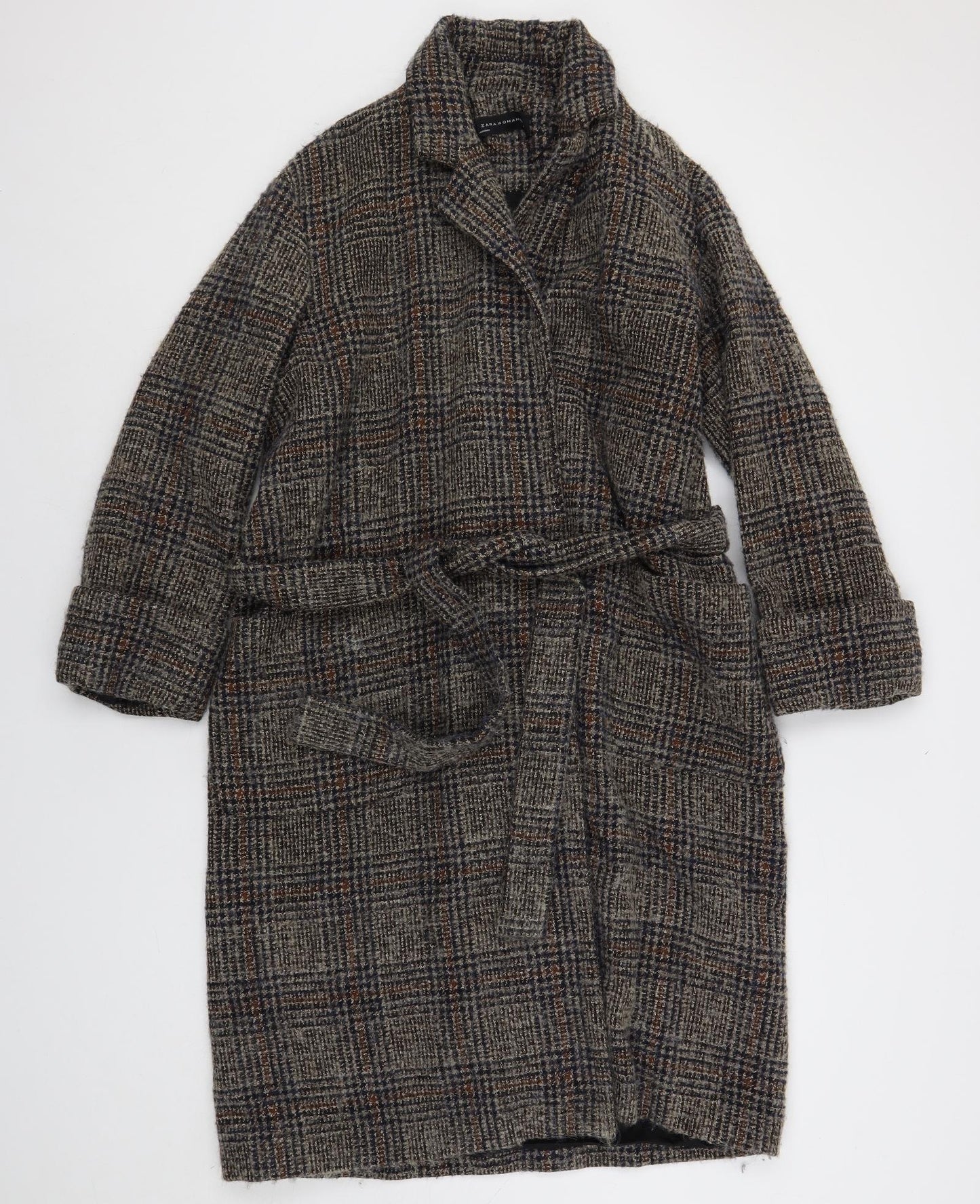 Zara Womens Grey Plaid Overcoat Coat Size L Tie - Belted