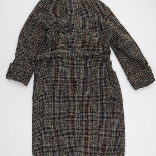 Zara Womens Grey Plaid Overcoat Coat Size L Tie - Belted