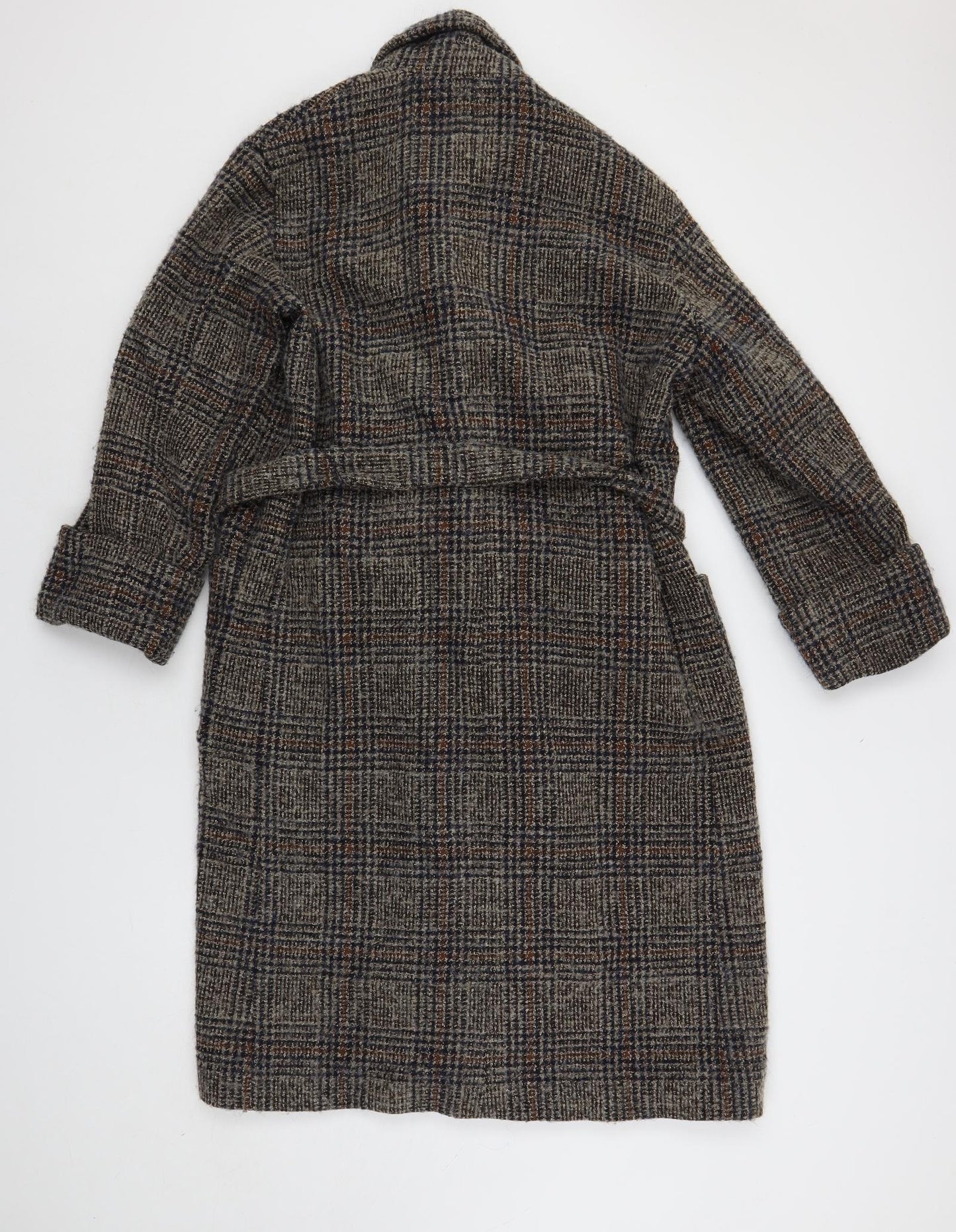 Zara Womens Grey Plaid Overcoat Coat Size L Tie - Belted
