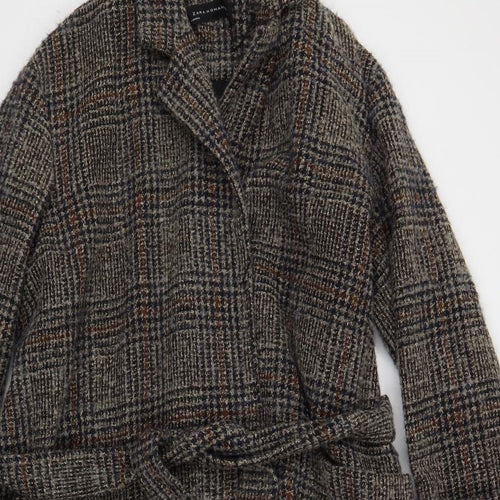 Zara Womens Grey Plaid Overcoat Coat Size L Tie - Belted