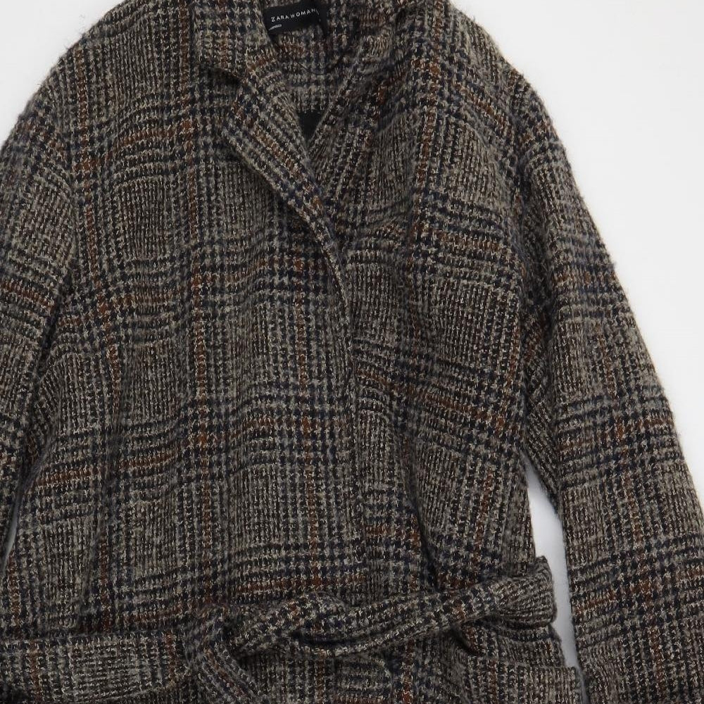 Zara Womens Grey Plaid Overcoat Coat Size L Tie - Belted