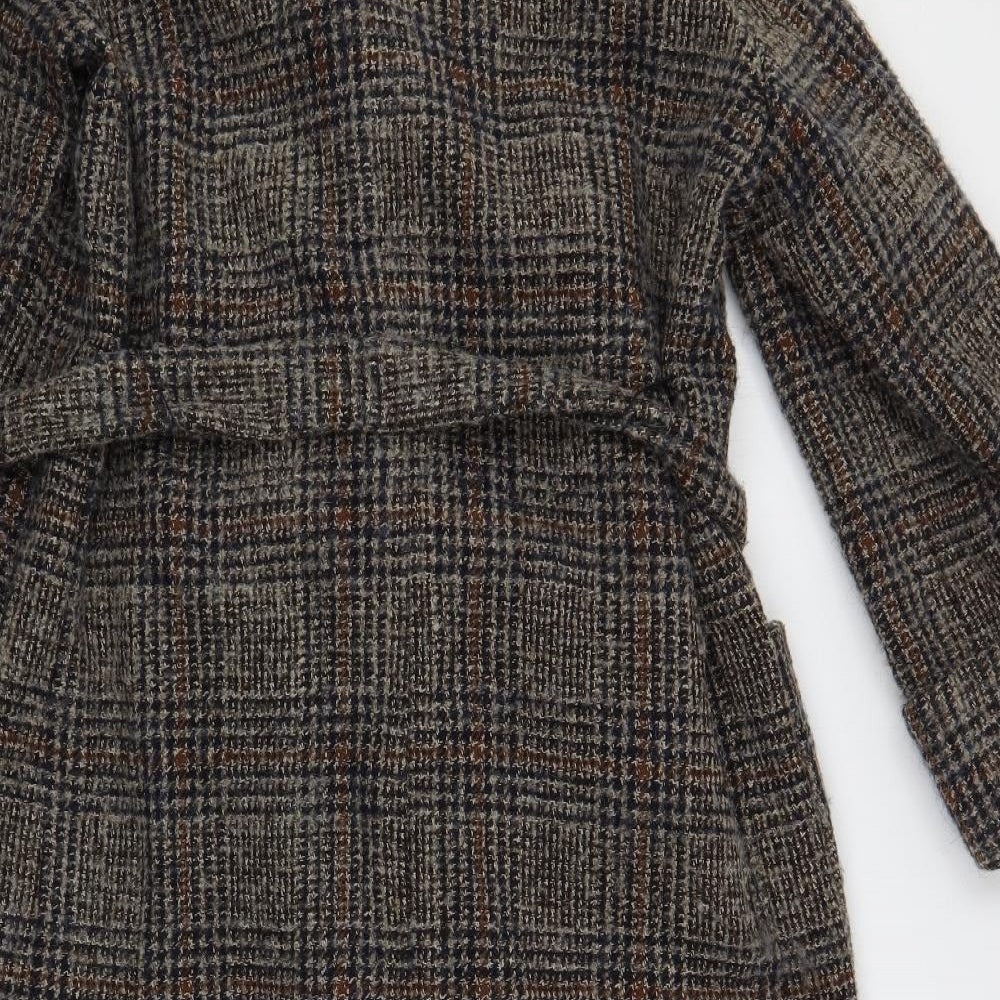 Zara Womens Grey Plaid Overcoat Coat Size L Tie - Belted