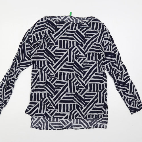 United Colors of Benetton Womens Blue Geometric Viscose Basic Blouse Size S Boat Neck